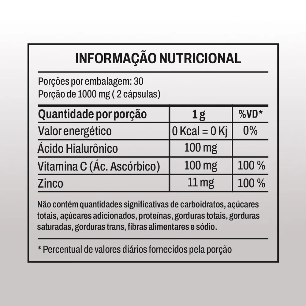 Tabela nutricional — Ácido Hialurônico com Vitamina C e Zinco (60 Cápsulas)