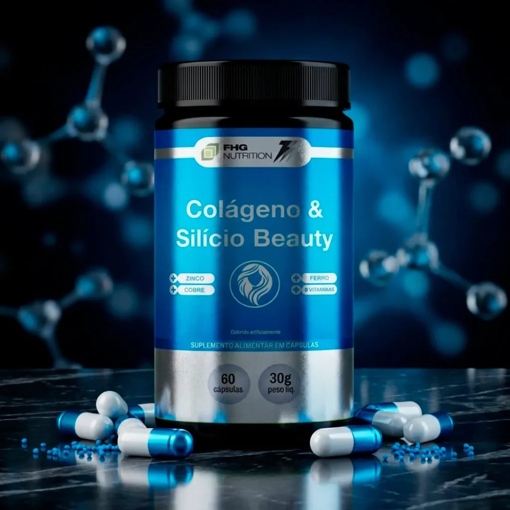 Colágeno e Silício Beauty em 60 cápsulas da FHG Nutrition em foto de cena