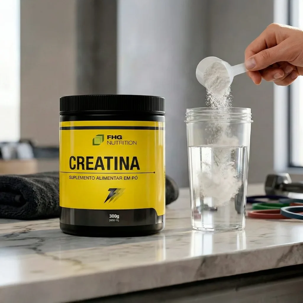 Creatina Monohidratada 100% pura 300g da FHG Nutrition em foto de cena