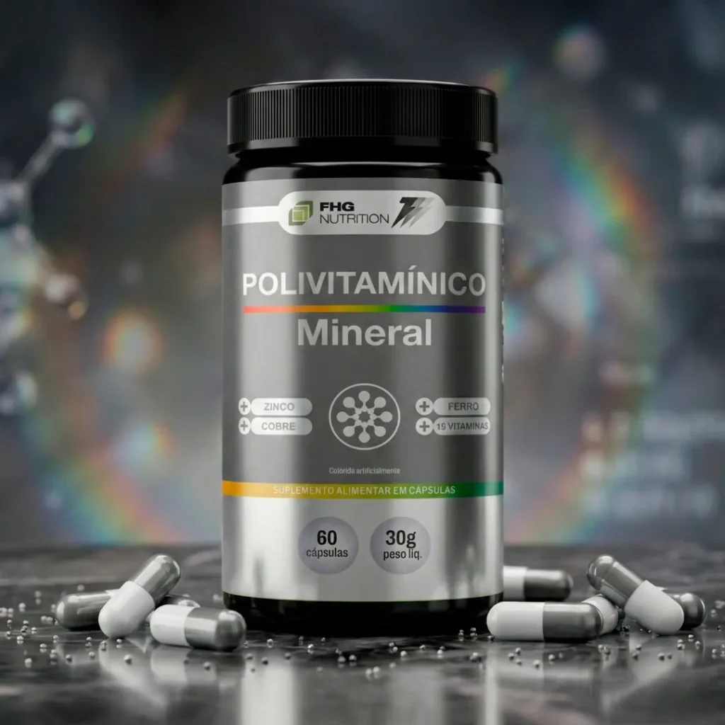 Polivitamínico Mineral A-Z com minerais quelados em 60 cápsulas da FHG Nutrition em foto de cena