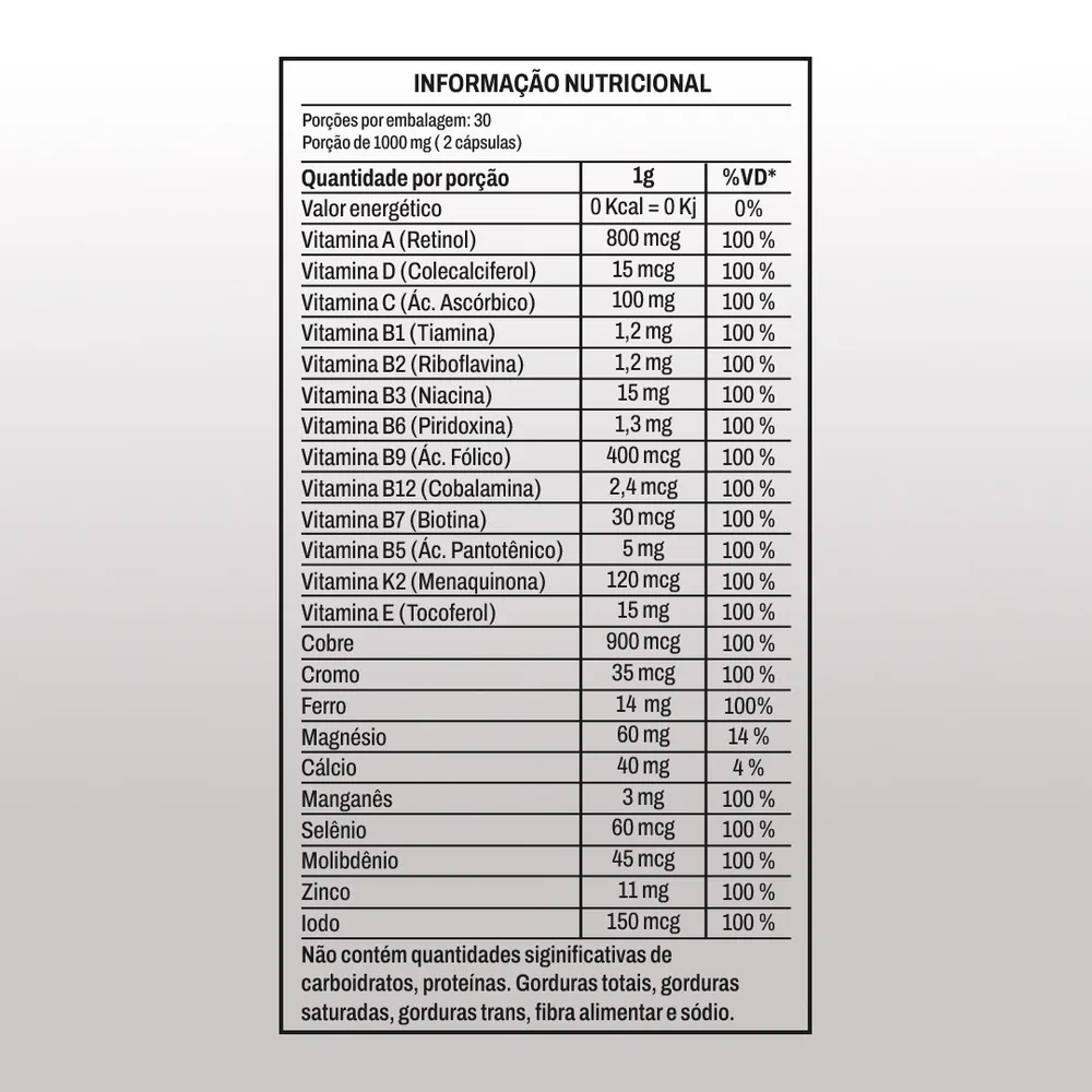 Tabela nutricional — Polivitamínico Mineral A-Z (60 Cápsulas)