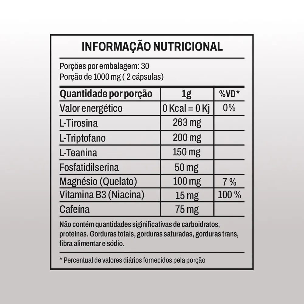 Tabela nutricional — Tirosina & Teanina Complex (60 Cápsulas)